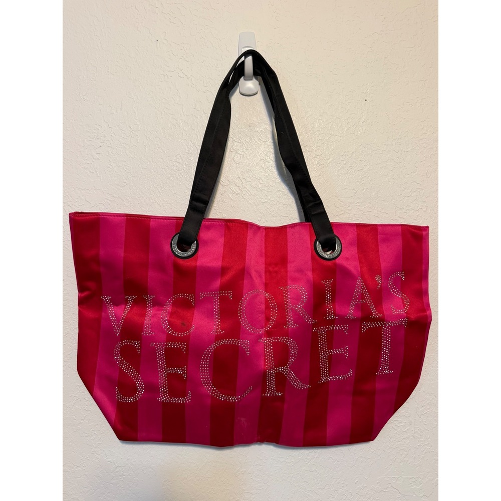 Victorias Secret Pink Red Stripe Studded Logo Satin Tote Bag Shoulder‎ Bag
